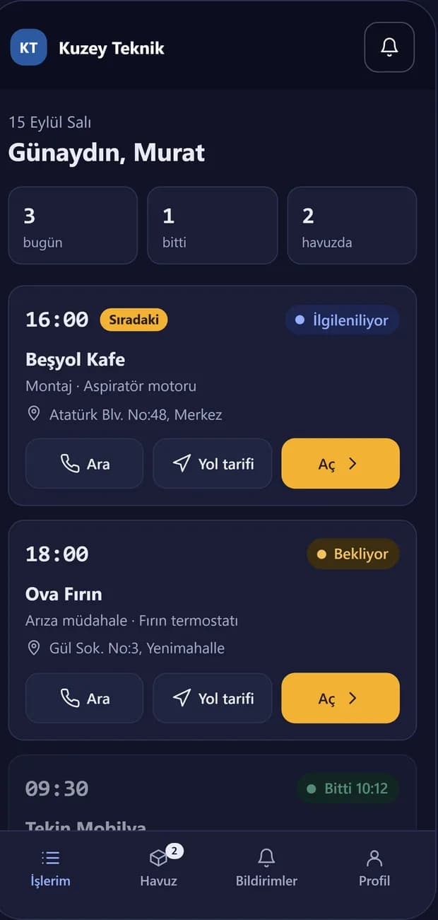 Göksima İş Yönetimi telefon ekranı: teknisyenin bugünkü işleri, ara ve yol tarifi düğmeleriyle