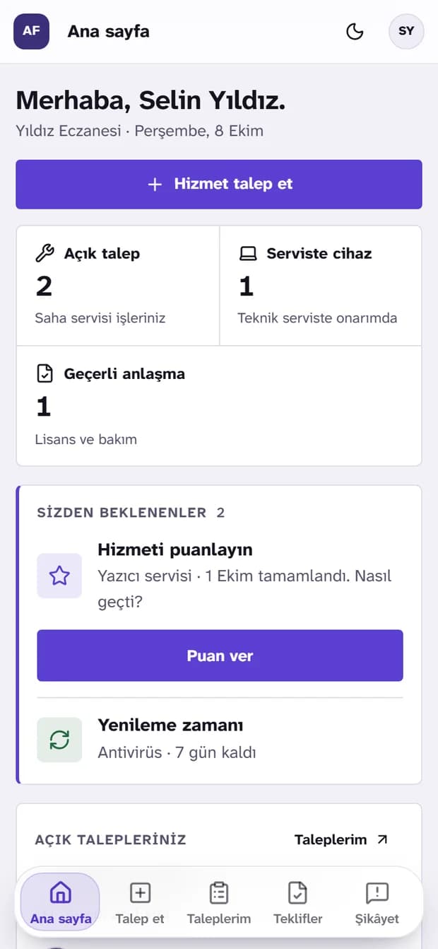 Göksima Pusula müşteri portalı telefonda: hizmet talep et düğmesi, açık talep, serviste cihaz ve puanlama