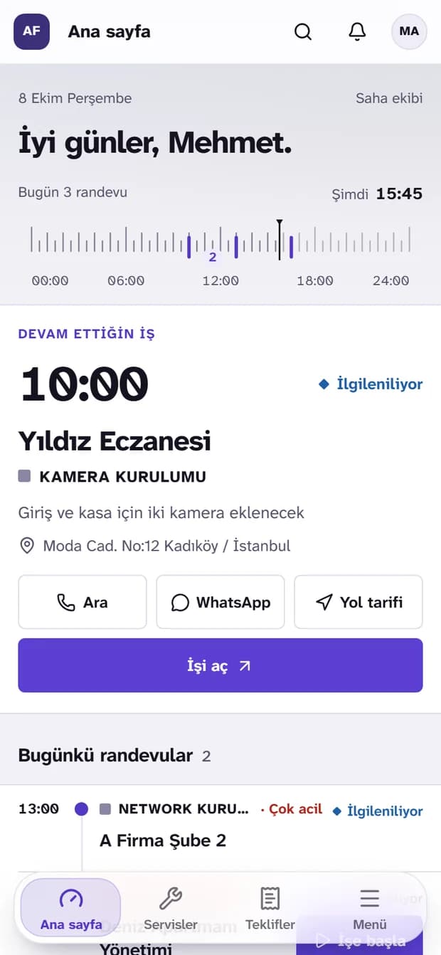 Göksima Pusula telefon ekranı: saha personelinin günü; devam eden iş, ara, WhatsApp ve yol tarifi düğmeleri, bugünkü randevular