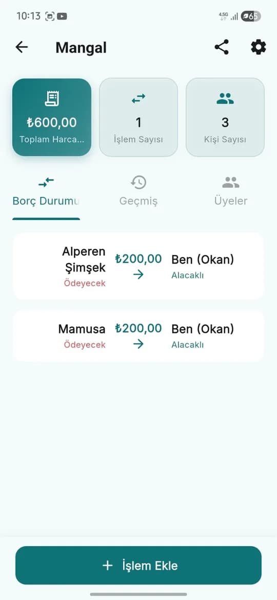 Nuhesap grup harcaması ekranı